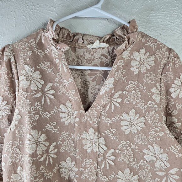 Entro VIctorian Blouse Sz Small Tan Floral Embroidred Boho Oversized Peplum Top - Picture 4 of 13